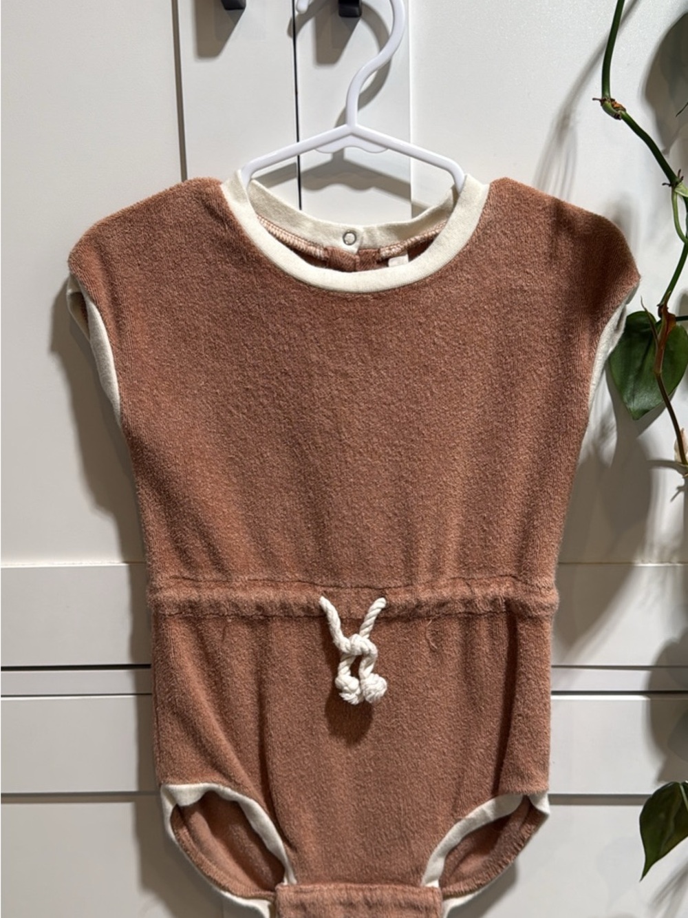 Quincy Mae Brown and Cream Terry One-Piece Bodysuit